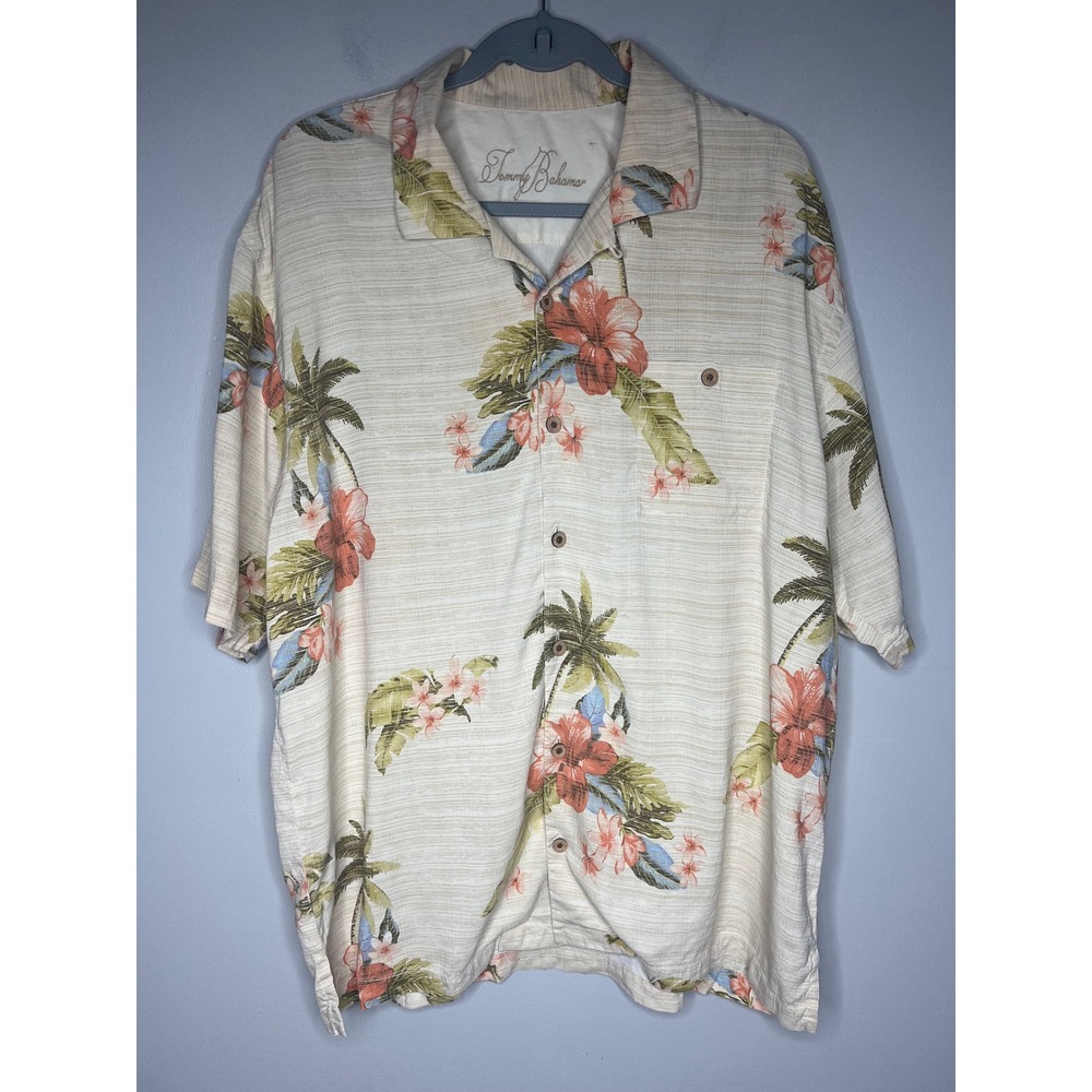 Tommy Bahama Mens XL Silk Tropical Floral Palm Tree Camp Button Up Shirt Resort